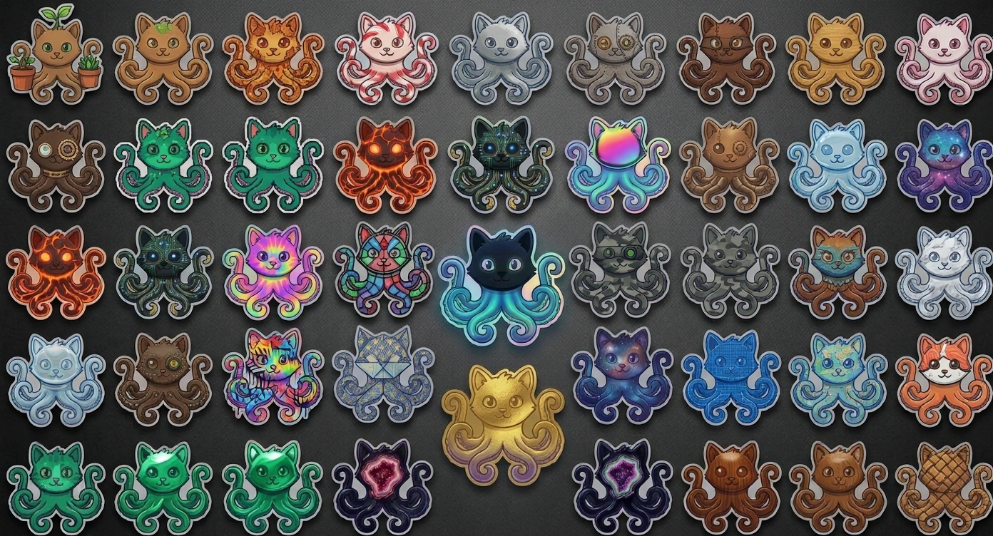 Grid of Cactopus NFT variants in cosmic, molten, holographic and metallic styles