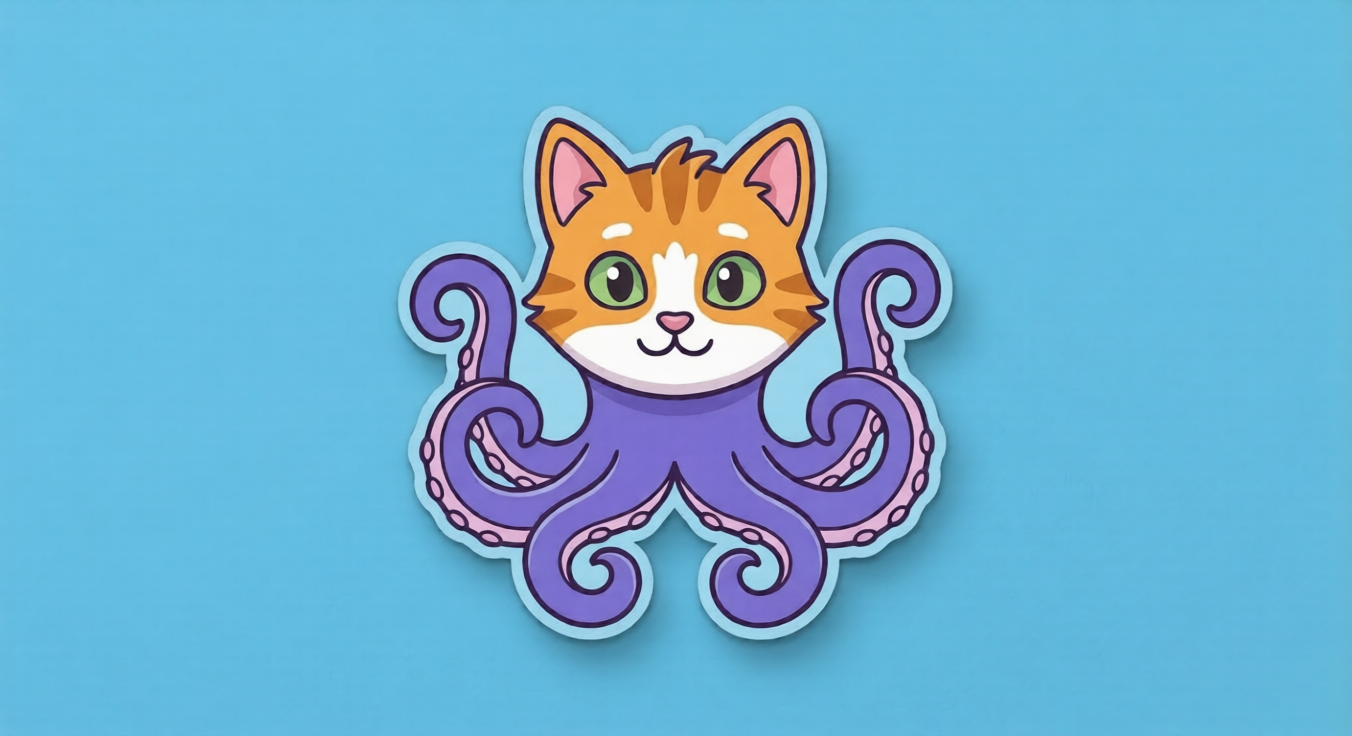 Cactopus mascot: an orange tabby cat with purple octopus tentacles